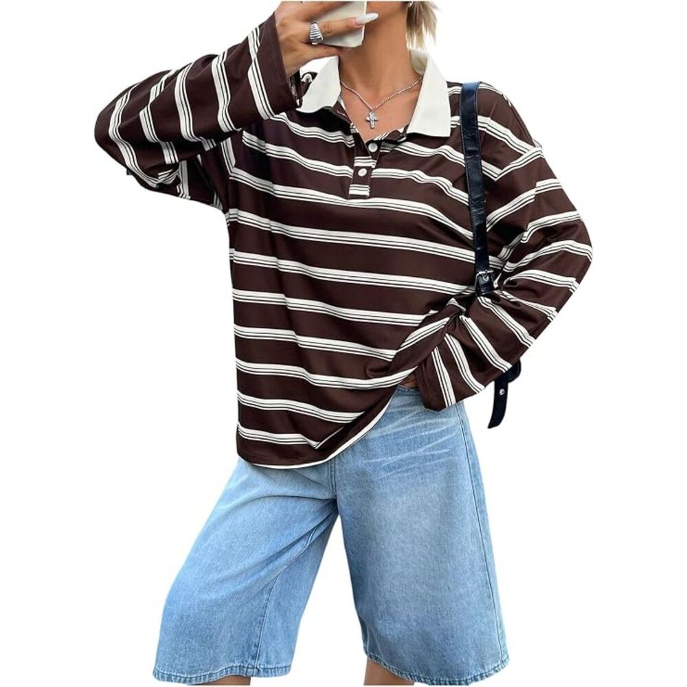 SOLY HUX Women's Y2k Striped Oversized T Shirts Collared Long Sleeve Tee | L